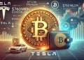 Tesla is large Bitcoin transfer worth 760 million. The visual should feature the Bitcoin symbol with a large sum of money and Te