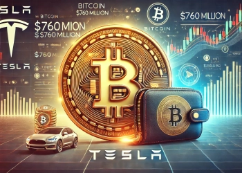 Tesla is large Bitcoin transfer worth 760 million. The visual should feature the Bitcoin symbol with a large sum of money and Te