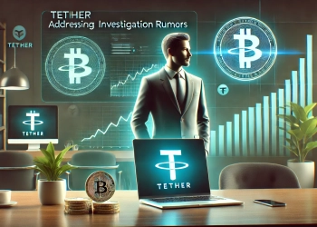 Tether is CEO addressing investigation rumors with a professional and digital atmosphere. Show a modern office setting with a la