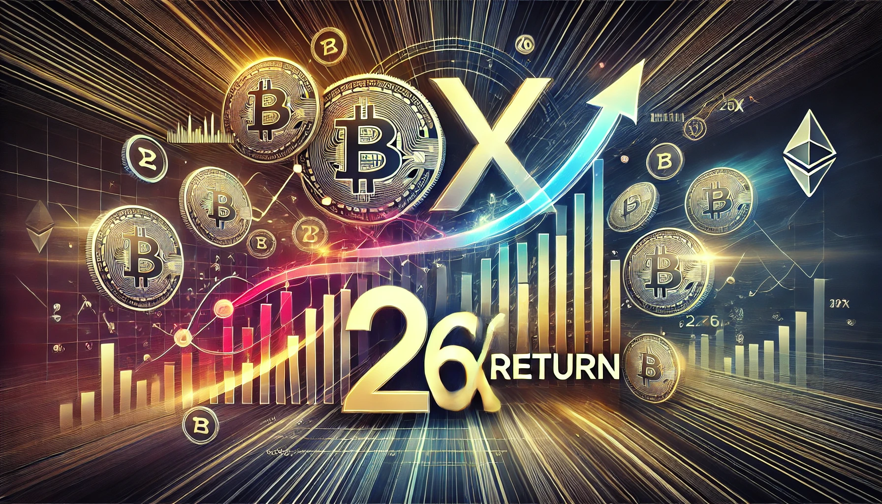 a 26x return in cryptocurrency trading The image should feature digital currency symbols abstract financial ch