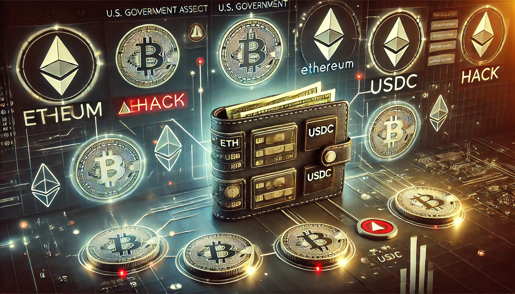 a high stakes crypto wallet hack involving U.S. government linked assets. The scene shows a digital wallet with assets like