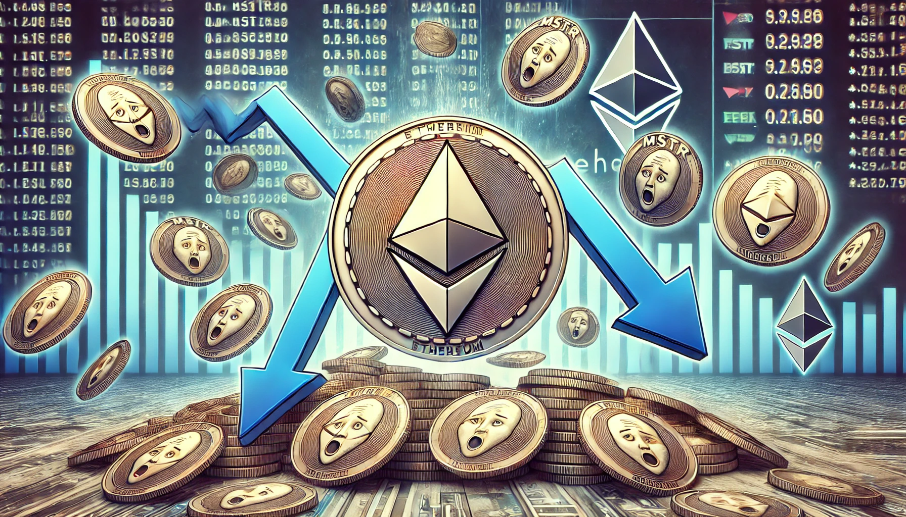 a large Ethereum logo at the center with multiple digital coins representing memecoins such as MSTR and POPCAT being sold off in