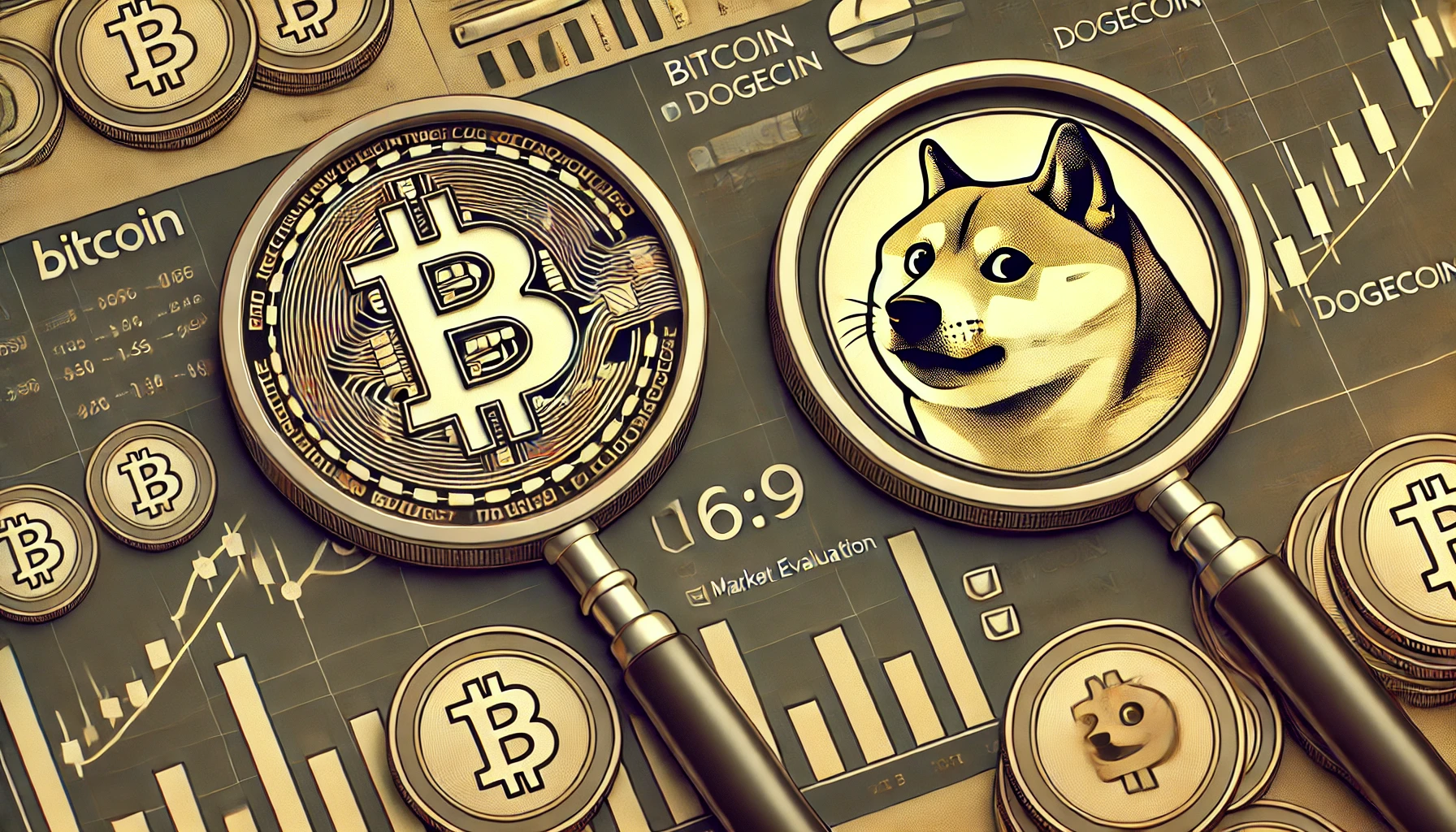 a market evaluation theme for Bitcoin BTC and Dogecoin DOGE The image should feature both logos prominently with a magn