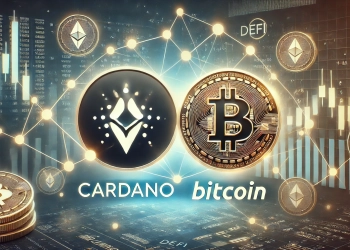 a partnership between Cardano and BitcoinOS in the DeFi ecosystem. Show the Cardano and Bitcoin symbols prominently with dig