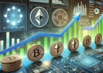 altcoin strategy. The central theme is a digital chart with multiple rising altcoin symbols such as Ethereum Opt