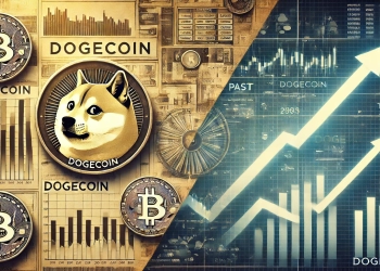 and present analysis of Dogecoin The visual should feature two distinct sections one representing the past with Dogecoi