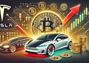 around the theme of Tesla and cryptocurrency sales featuring Tesla is logo alongside a Bitcoin symbol. The image should incl