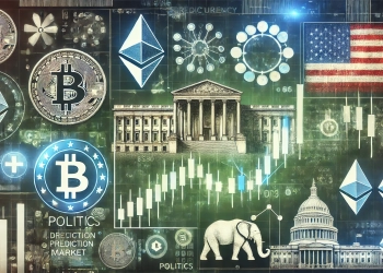 between cryptocurrency prediction platforms and politics. The image features a digital prediction market interfac