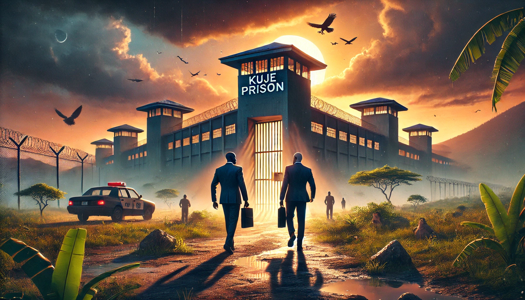 "Two business executives, dressed formally, walking away from the imposing Kuje Prison in Nigeria at sunset. The large prison gates behind them are partially open, symbolizing freedom. The sky is a blend of orange and purple hues, with tropical plants surrounding the scene, evoking both tension and relief."