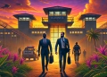 "A powerful dusk scene of two executives in business attire leaving Kuje Prison in Nigeria. The partly open prison gates and a vibrant sunset with warm orange and purple tones create an atmosphere of hope and resilience. Tropical plants and trees around them hint at Nigerian landscapes, as they walk forward with expressions of relief."