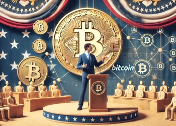 candidate proposing the adoption of cryptocurrency like Bitcoin. The image features a political figure speaking