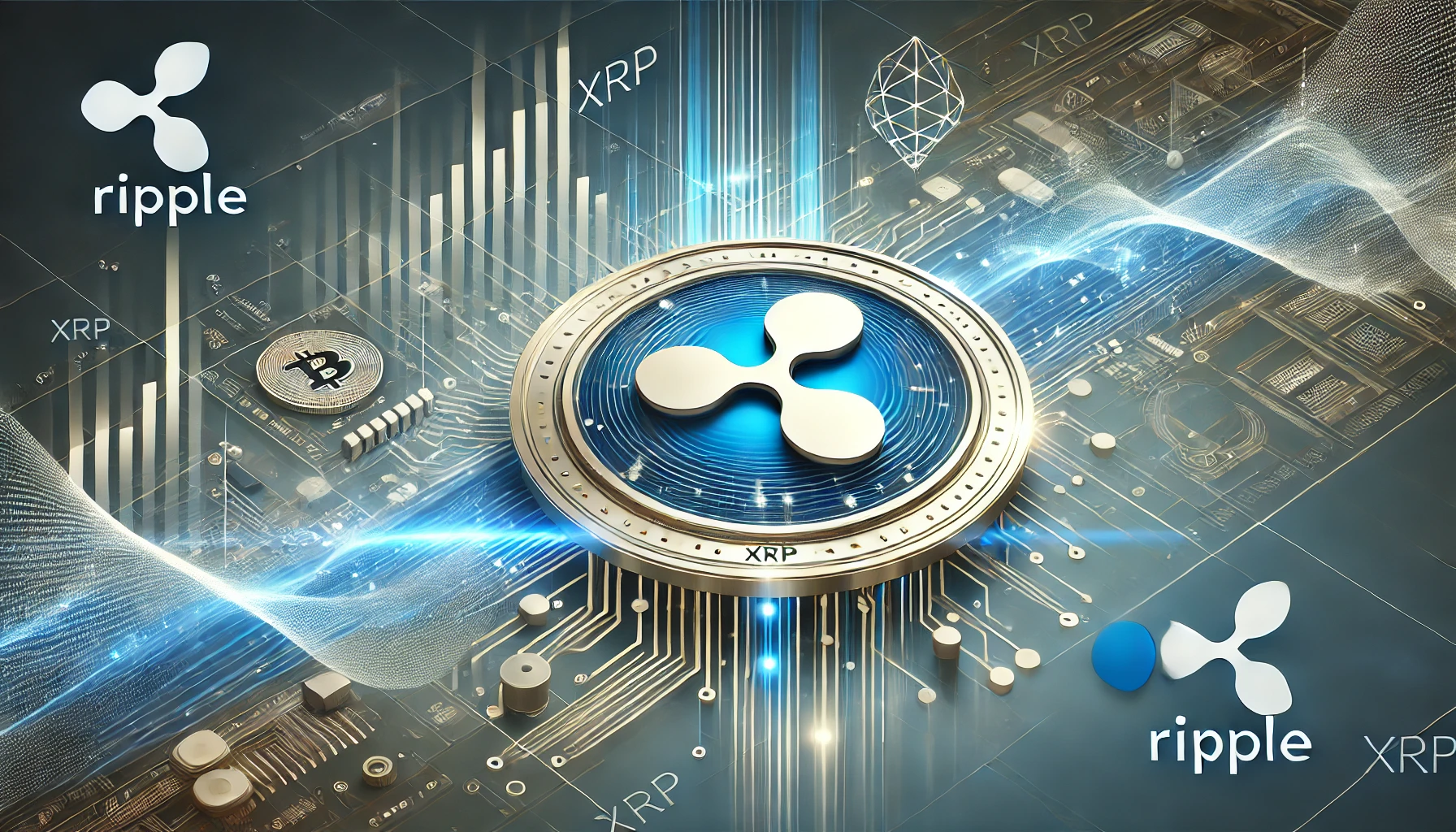 clean visual featuring the Ripple logo and XRP cryptocurrency symbol. The design should focus on the concept of digital transaction