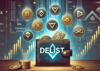 concept of delisting cryptocurrencies featuring a digital wallet with tokens like Vai Tornado Cash and OMG