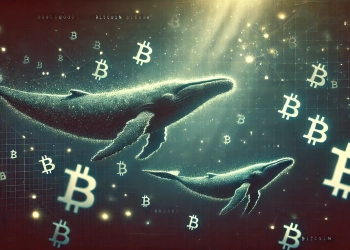 conceptual visual representing forgotten Bitcoin whales. The image features large whales swimming in a deep dark digital ocean fille