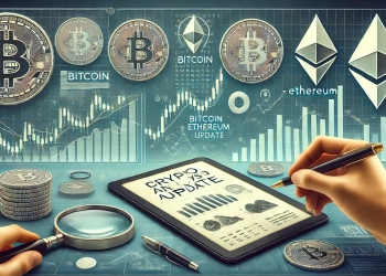 crypto analyst update featuring charts and graphs on digital screens showing Bitcoin and Ethereum price trends. In the foregro