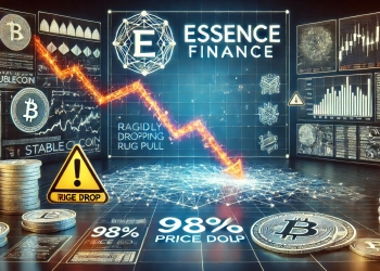 cryptocurrency environment with the Essence Finance logo a rapidly dropping line chart and symbols of caution to indi