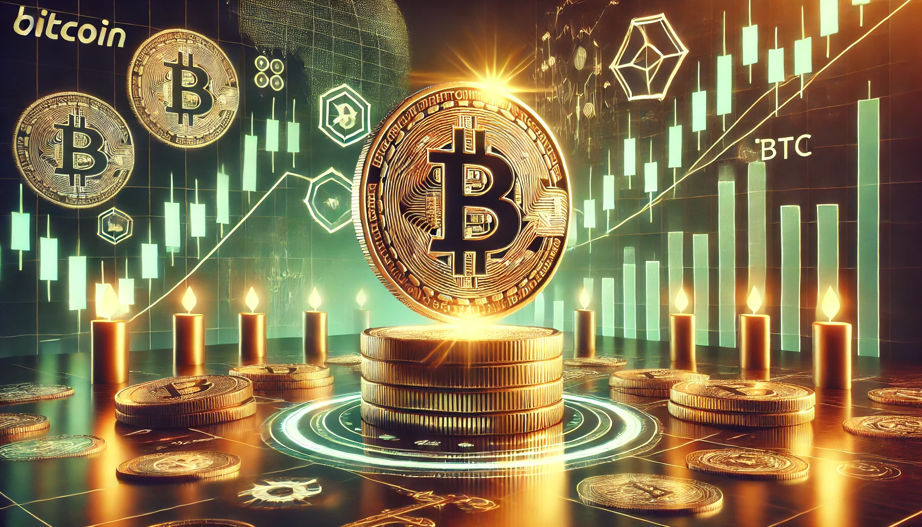 cryptocurrency market scene focused on Bitcoin BTC showing a potential Golden Cross signal The image features Bitcoin symbols with upward price