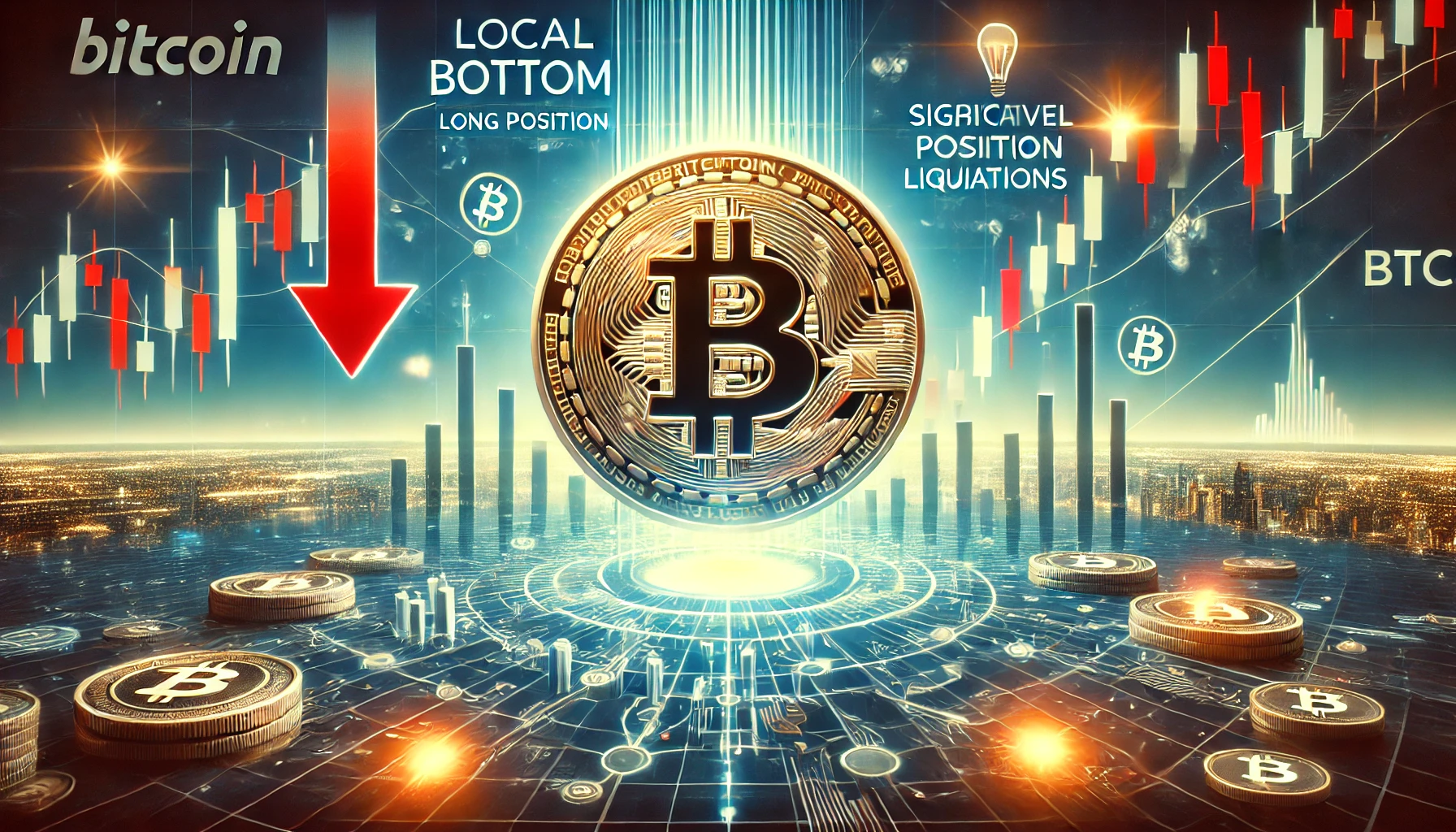 cryptocurrency market scene illustrating Bitcoin BTC potentially reaching a local bottom after significant long position liquidations The image s