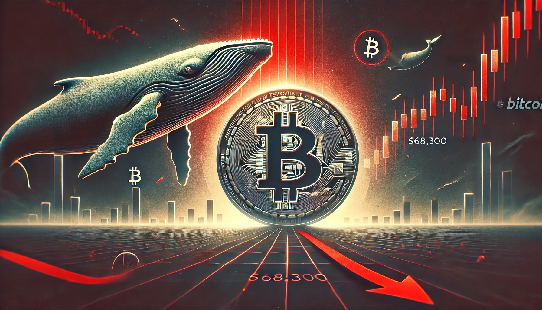 cryptocurrency themed visual focused on Bitcoin facing critical resistance at 68300. The image features a Bitcoin symbol with a large red