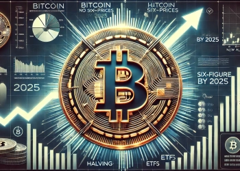 cryptocurrency themed visual focused on Bitcoin is potential rise to six figure prices by 2025. The image features a large Bitcoin symbol in the