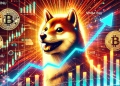 cryptocurrency themed visual focused on the surge of Shiba Inu SHIB with upward trend lines indicating the price rise. Subtle el