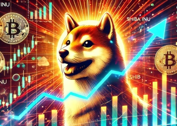 cryptocurrency themed visual focused on the surge of Shiba Inu SHIB with upward trend lines indicating the price rise. Subtle el