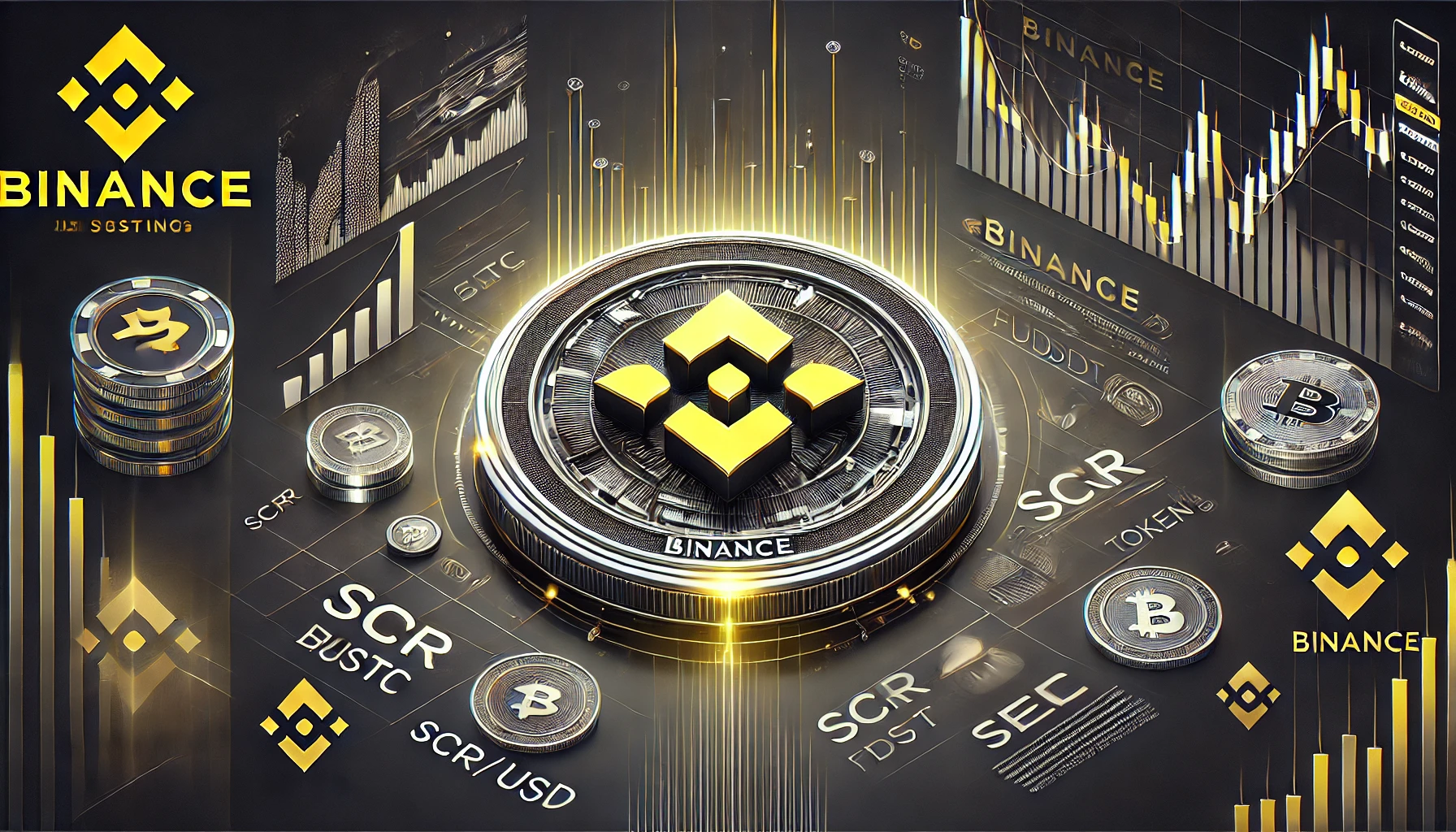 cryptocurrency themed visual focusing on Binance listing Scroll SCR token. The image prominently features the Binance logo along