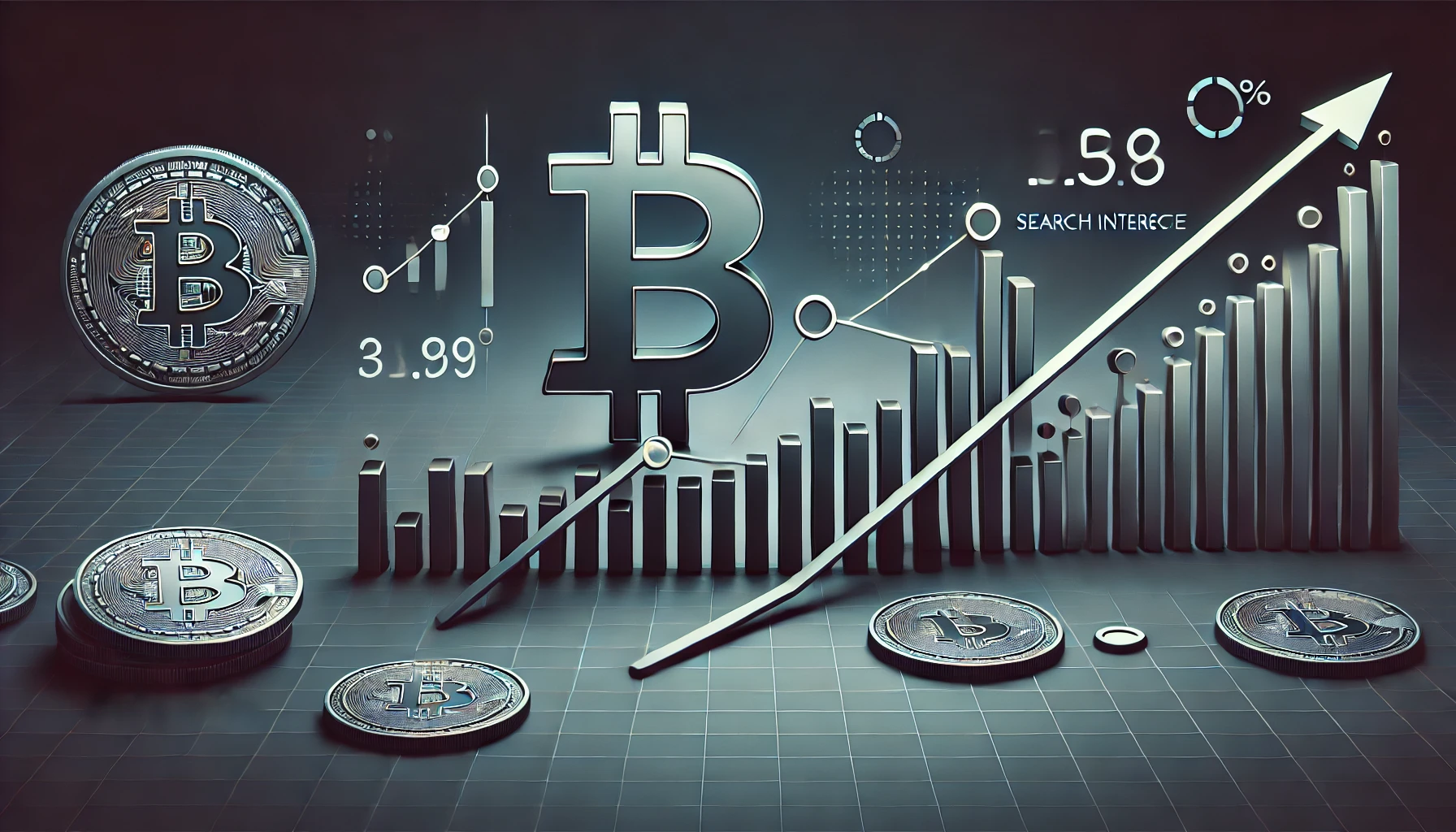 cryptocurrency themed visual representing Bitcoin is price rise contrasted with a decline in search interest. The image should fea