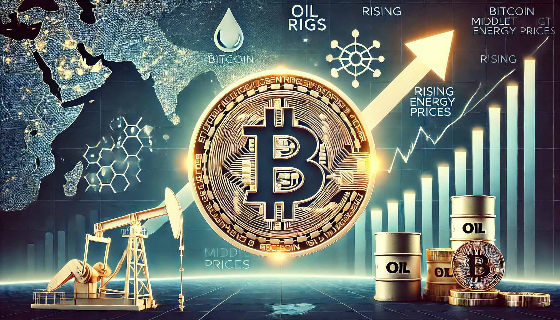 cryptocurrency themed visual showing the impact of rising Middle East tensions on Bitcoin and energy prices. The image features a Bitcoin symbol wit