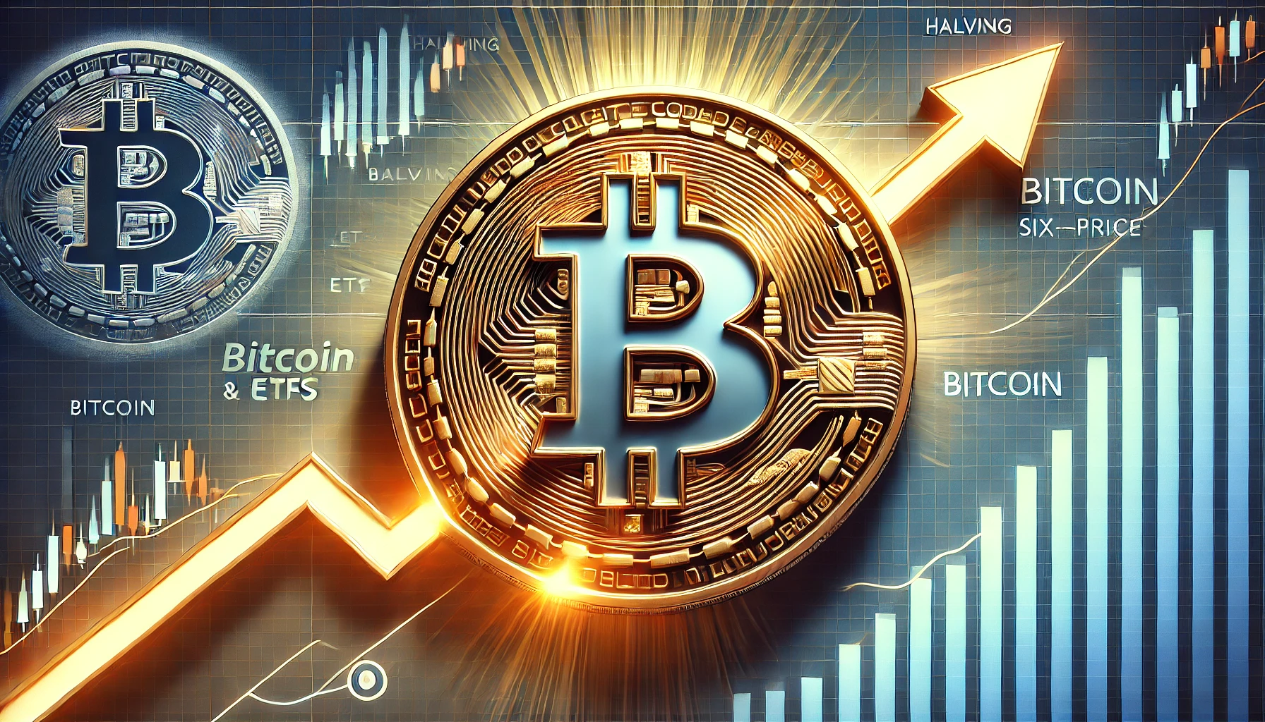 cryptocurrency visual highlighting Bitcoin is potential rise to six figure prices with emphasis on the price question. The central e