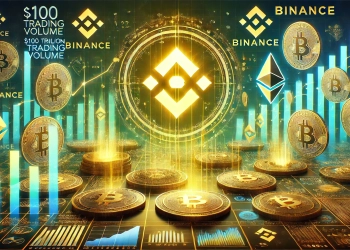 depicting Binance is 100 trillion trading volume milestone in the crypto market. The central focus is the Binance logo glow