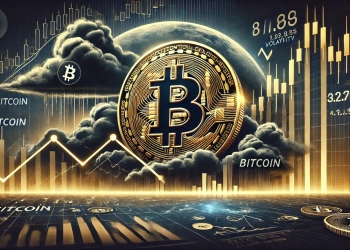 depicting Bitcoin at a high point facing potential decline. The Bitcoin symbol is prominently displayed near a peak with d