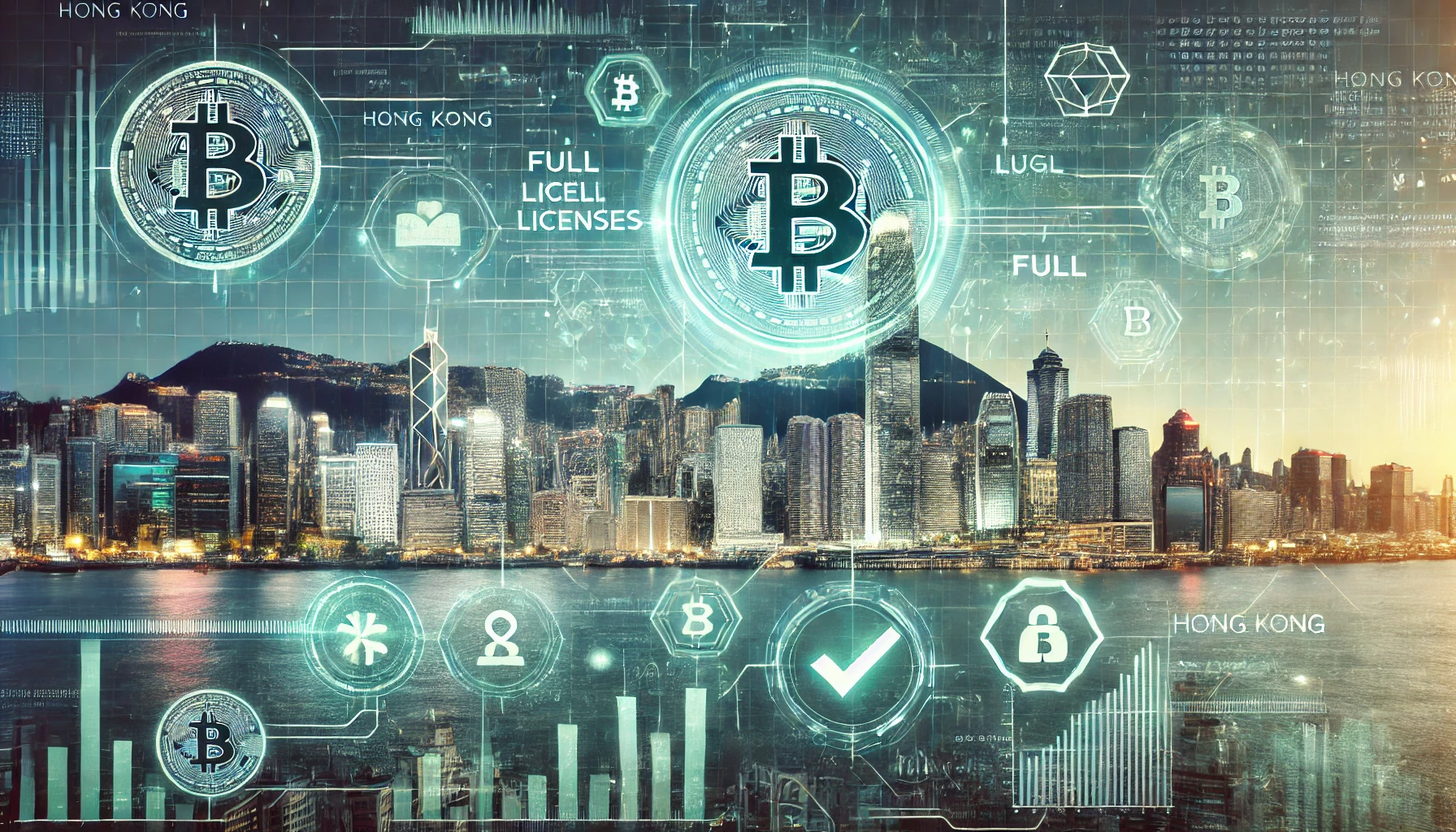 depicting Hong Kong is progress in granting full licenses to cryptocurrency exchanges. The image shows the Hong Kong skyline