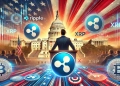 depicting Ripple CEO Brad Garlinghouse addressing the U.S. elections and the future of cryptocurrencies. The image should include Ripp