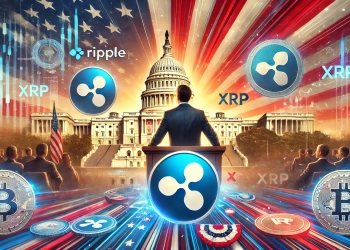 depicting Ripple CEO Brad Garlinghouse addressing the U.S. elections and the future of cryptocurrencies. The image should include Ripp