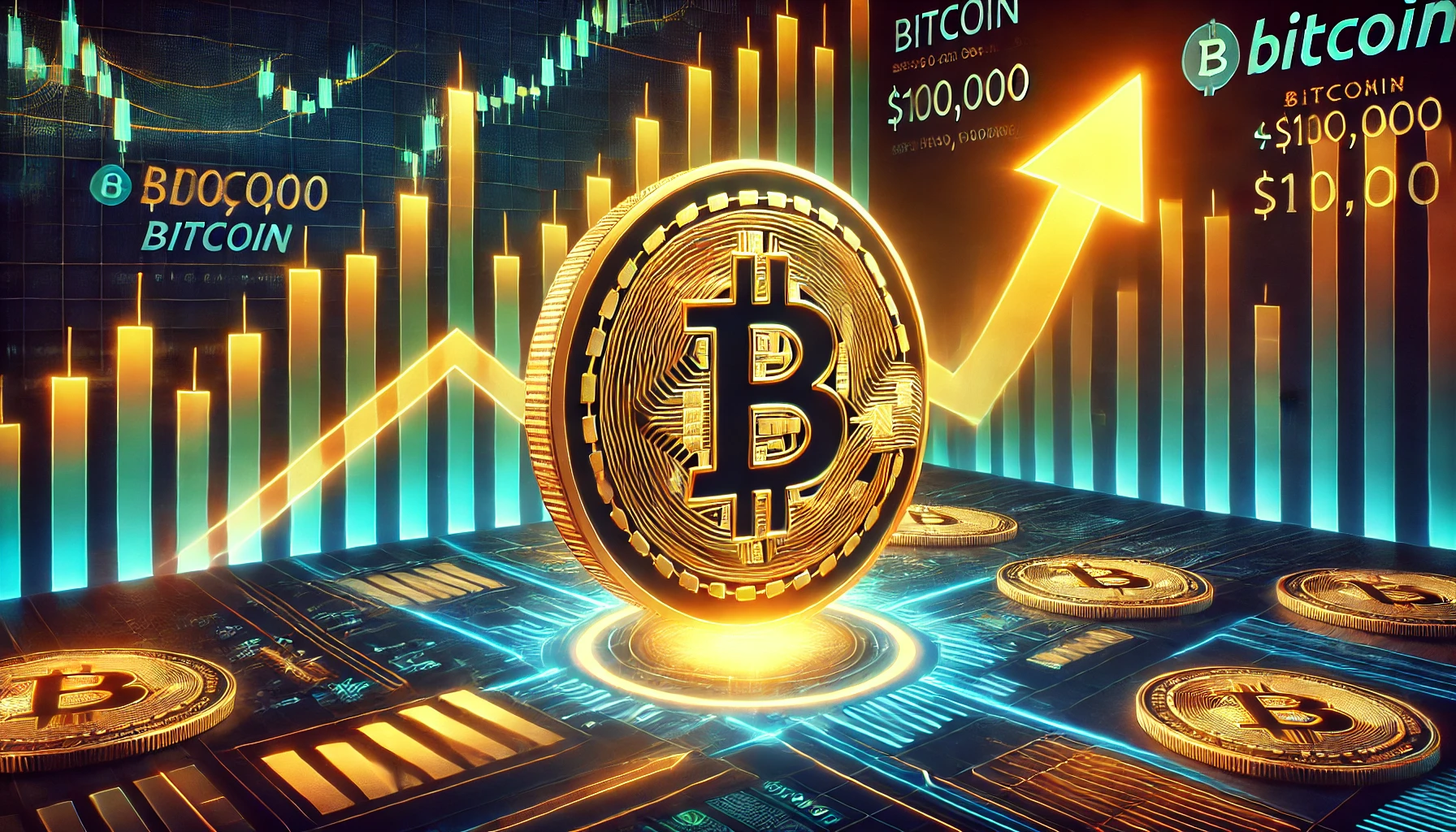 depicting a strong upward trend for Bitcoin with the Bitcoin logo glowing prominently. The background features digital char