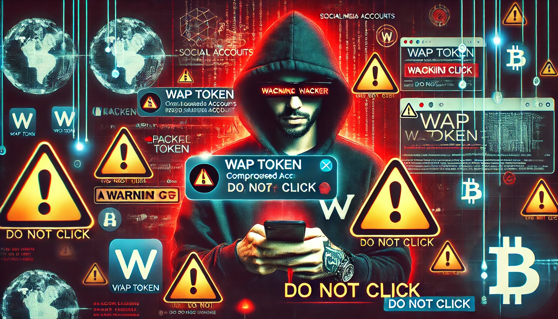 depicting the dangers of compromised social media accounts in the cryptocurrency space. The image shows a famous rappers so