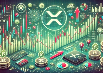 depicting the fluctuating interest in XRP despite its price drop. The image features XRP symbols technical analysis charts