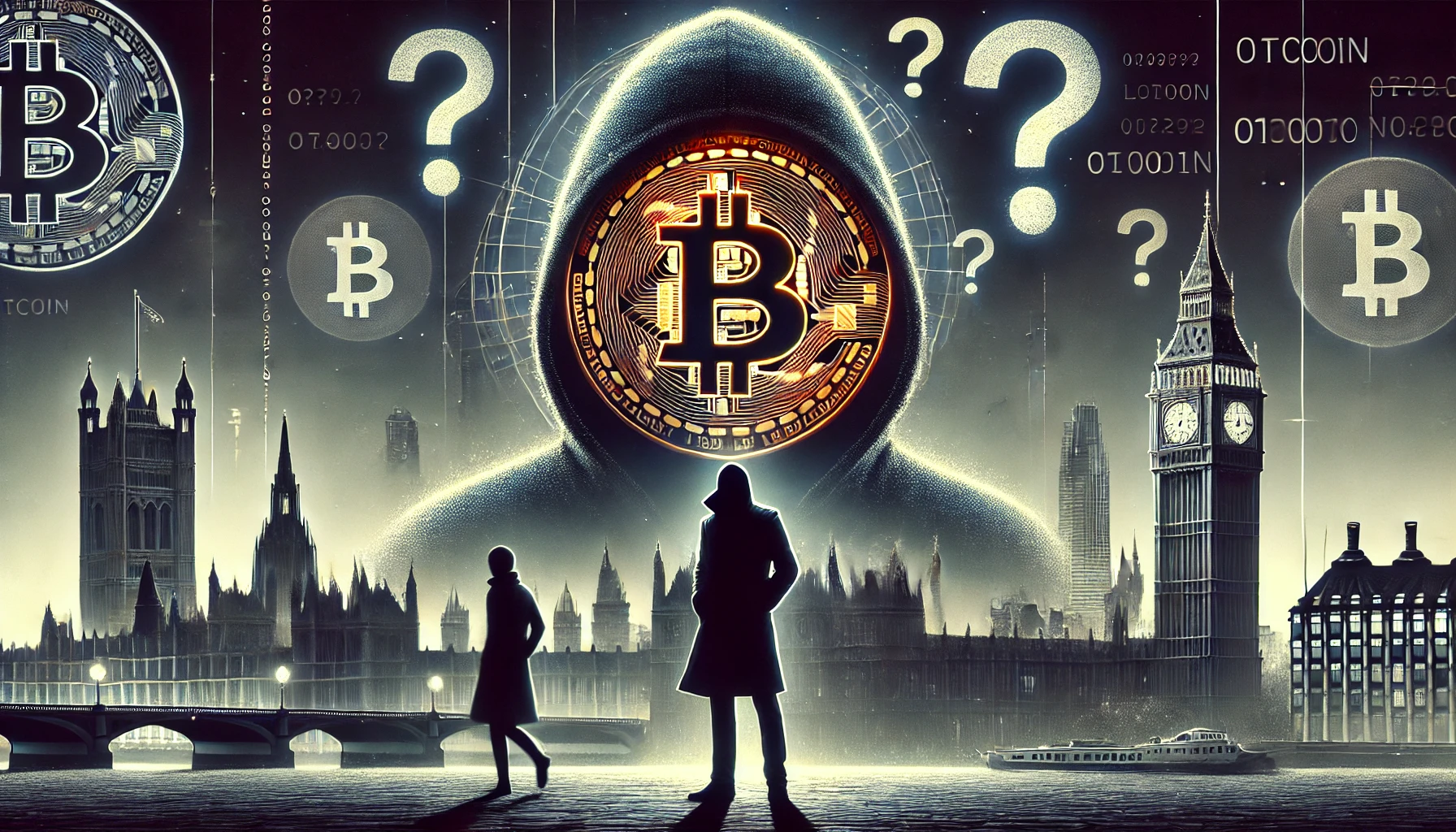 depicting the mystery surrounding Bitcoin is creator Satoshi Nakamoto. Show a Bitcoin symbol with a shadowy anonymous