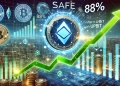 depicting the rapid rise of the SAFE token after being listed on Upbit featuring the SAFE logo prominently. The background should inc