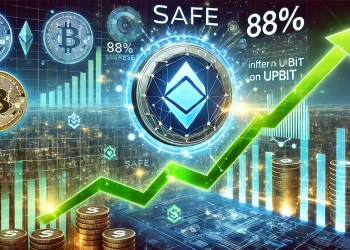 depicting the rapid rise of the SAFE token after being listed on Upbit featuring the SAFE logo prominently. The background should inc