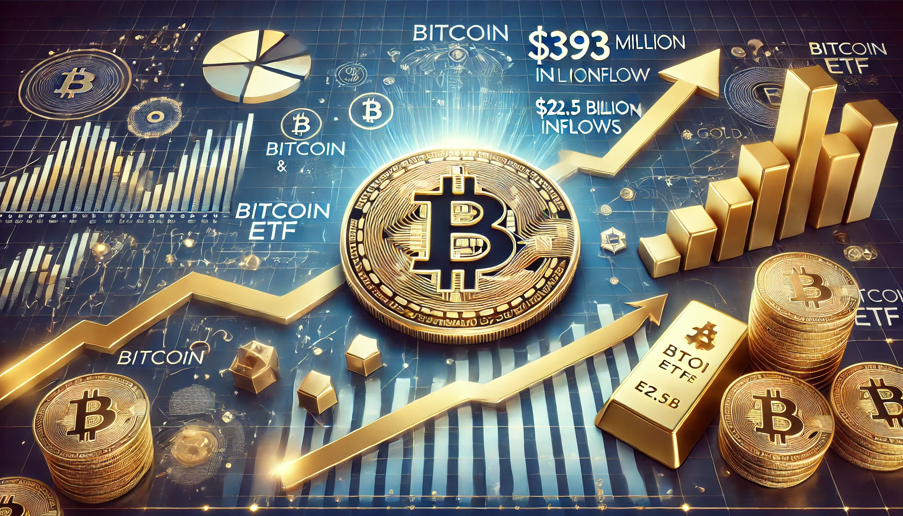 depicting the surge in Bitcoin ETF investments. The central focus is the Bitcoin symbol alongside ETF charts and graphs sho