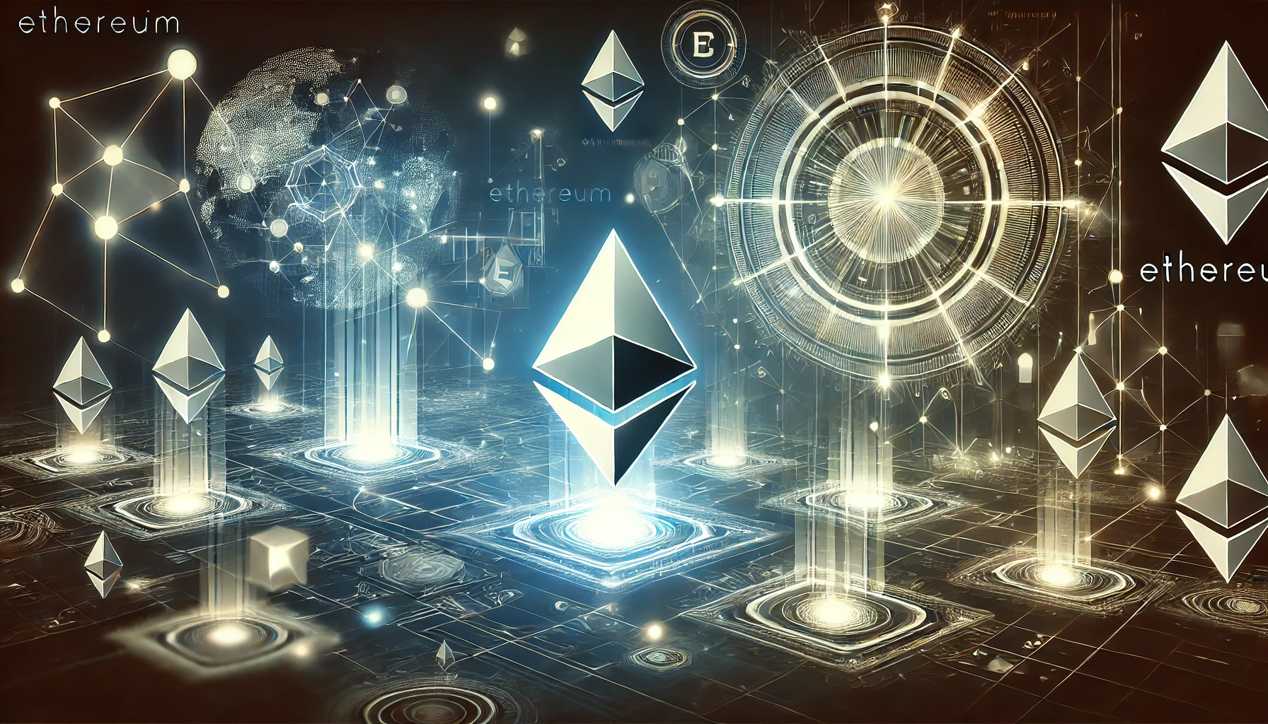 digital and decentralized world featuring elements symbolizing blockchain technology and Ethereum The image should i