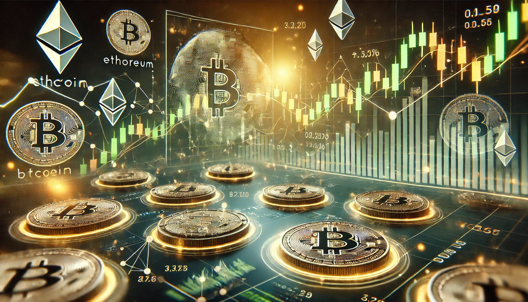 digital betting market on a cryptocurrency platform showing fluctuating odds and market charts. The image features a dig