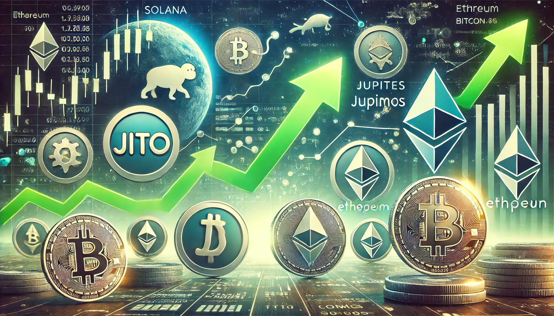 digital symbols of top altcoins like Solana Jito Jupiter and Cosmos with green upward trend arrows indicating recent gains