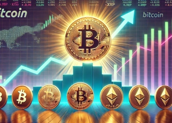 emphasizing Bitcoins rising market dominance The Bitcoin symbol should be large and bold at the center radiating stren