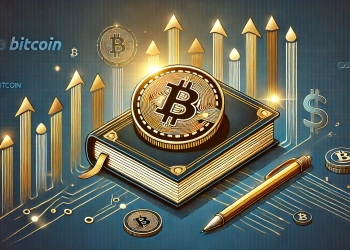 famous author is advice to invest in Bitcoin. The visual should feature a representation of Bitcoin with a book or writing el