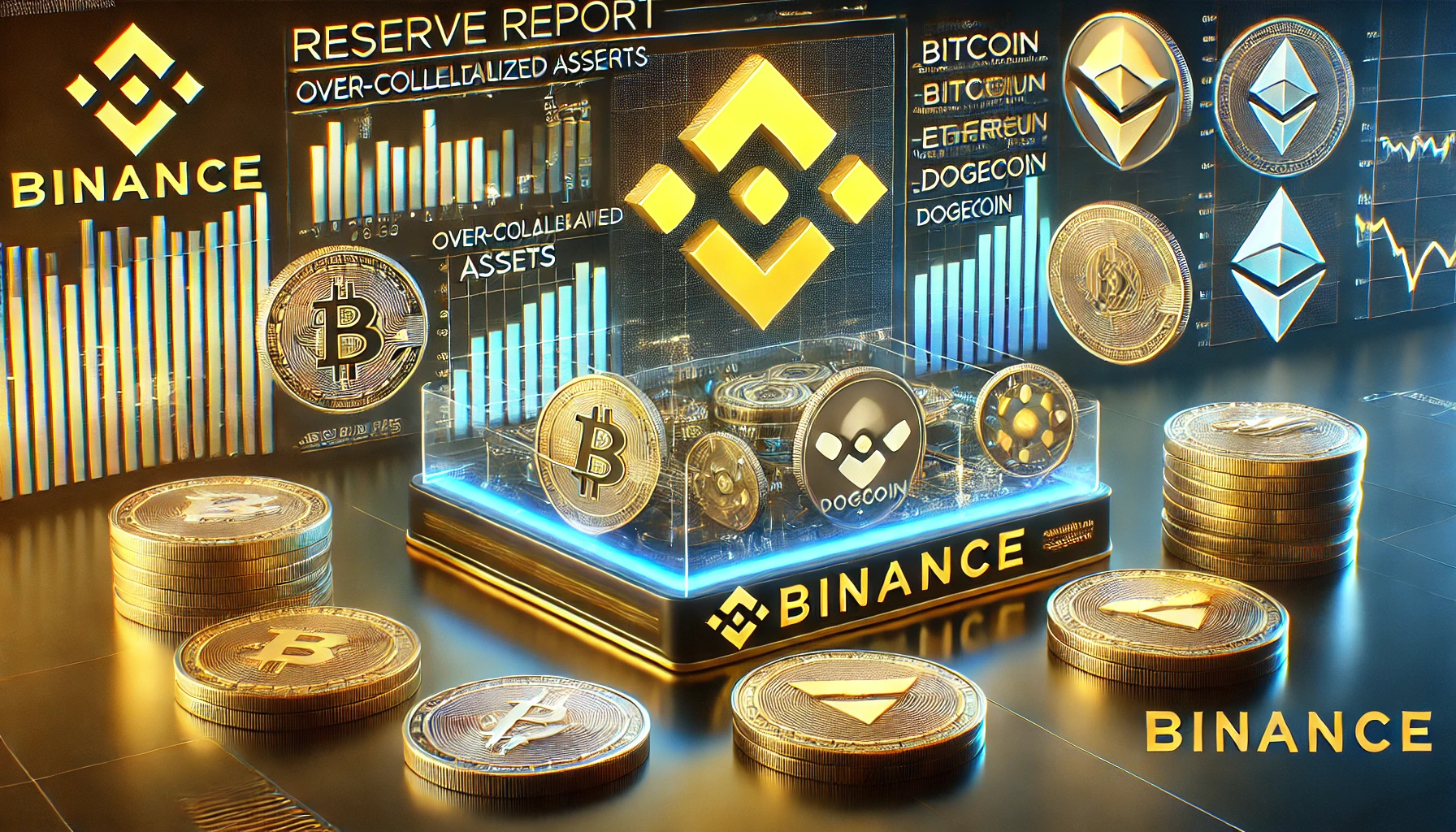 featuring Binances logo with representations of Bitcoin Ethereum and various altcoins such as Solana Dogecoin and