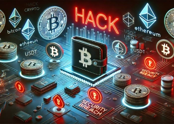 featuring a hack and crypto theme. The scene shows a digital crypto wallet surrounded by various cryptocurrency symb