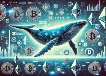 featuring a large whale swimming through a digital ocean of cryptocurrency symbols representing large investors in the crypto market